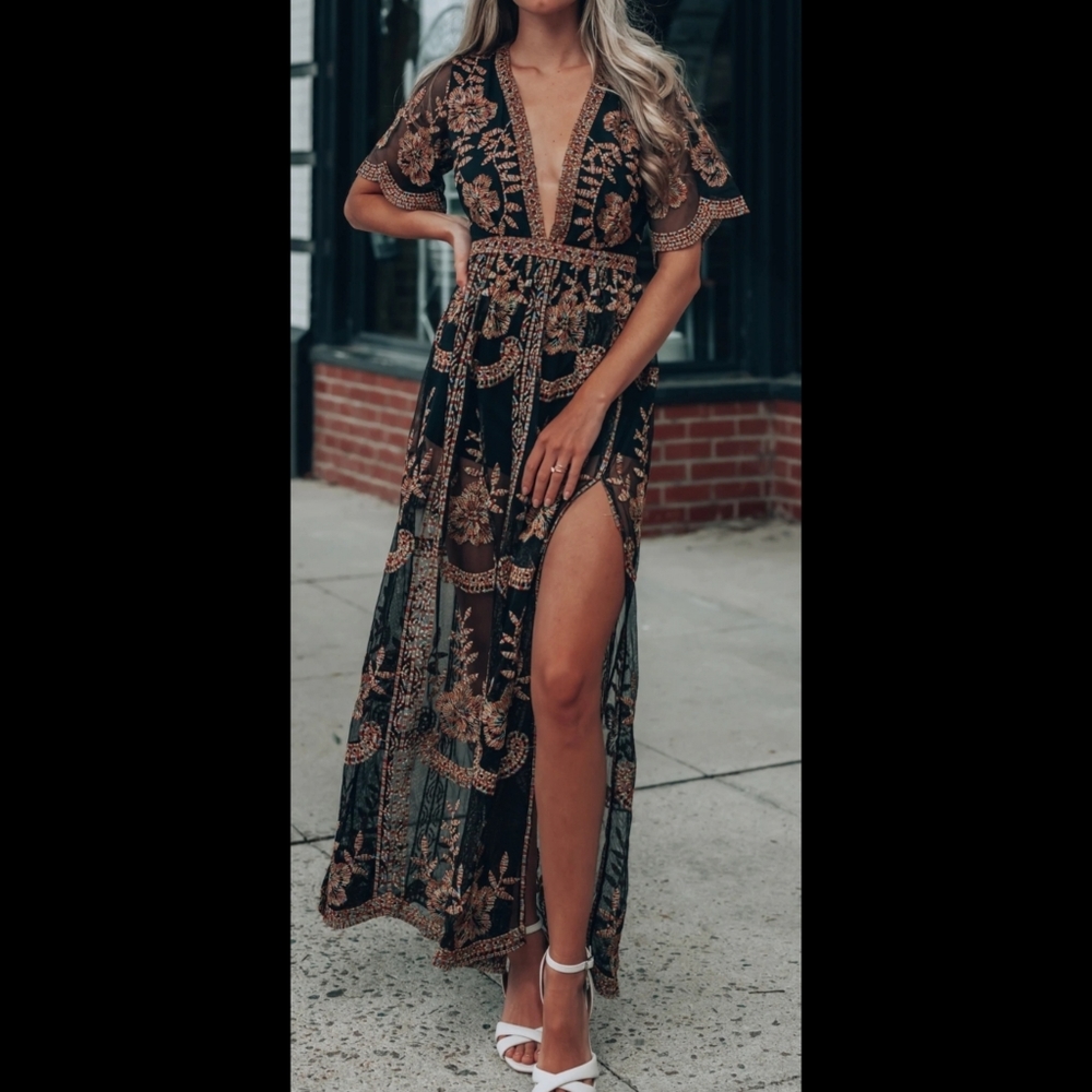 Sexy boho black multi deep v-neck floral lace embroidered maxi romper dress